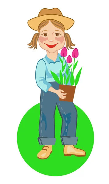 Girl gardener with a pot of tulips — Stock Vector