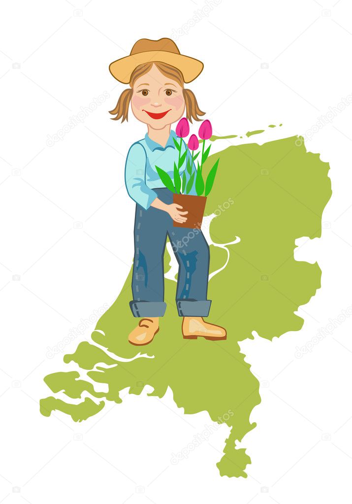 Girl with tulips and map of Holland