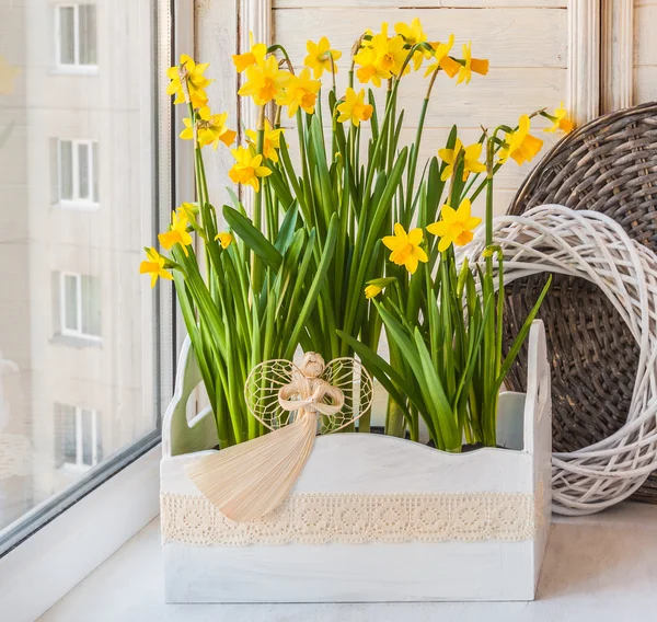 Daffodils in the balcony boxes — Stock Photo, Image