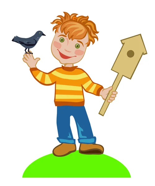 Boy with birdhouse and starling — Stock Vector