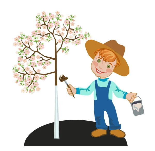 Boy gardener works in a garden — Stock Vector