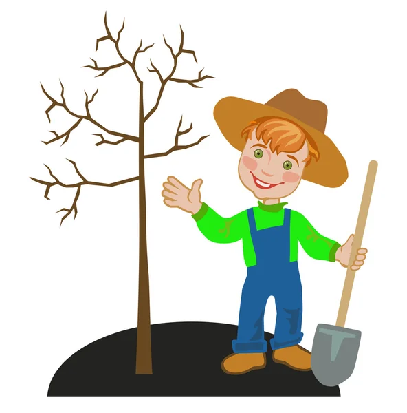 Boy gardener works in a garden — Stock Vector