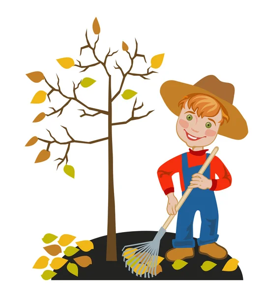 Ogrodnik gromadzenie jesień liście — Wektor stockowy