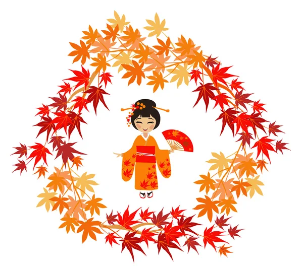 The girl in a kimono and maple leaves - Stok Vektor