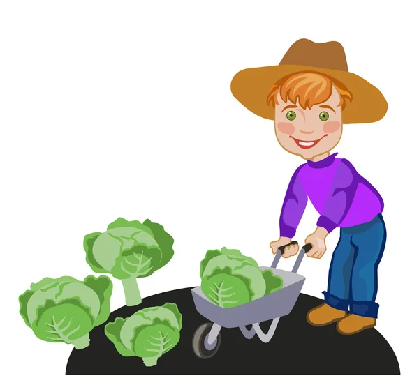 Niño trabajando en una granja de verduras — Vector de stock