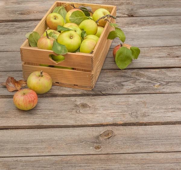 Manzanas frescas en caja sobre mesa de madera — Foto de Stock