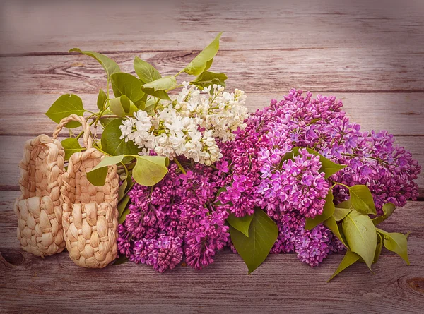 Blooming lilacs and bast shoes. Toning — Stock Photo, Image