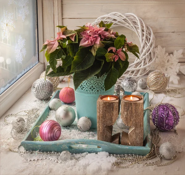 Christmas decorations on the window — Stock Photo, Image