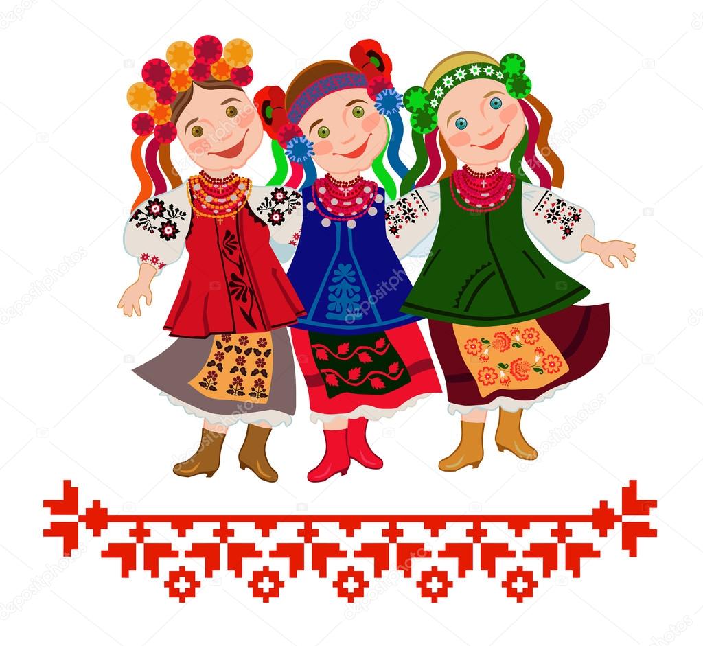 Three girls in the Ukrainian national costumes