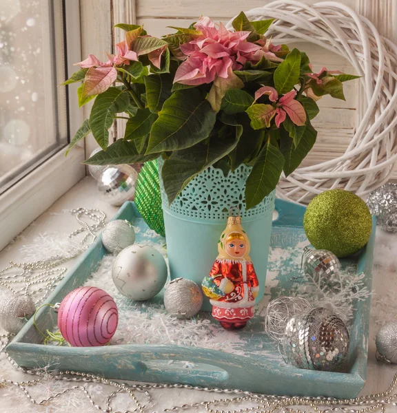 Ventana de invierno con Poinsettia — Foto de Stock