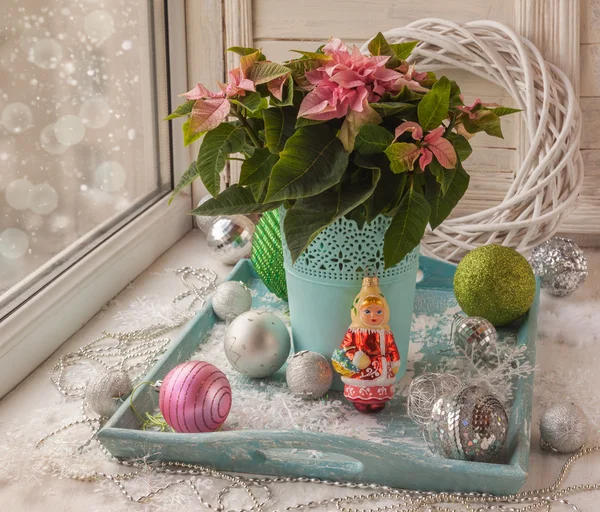 Winter venster met Poinsettia — Stockfoto