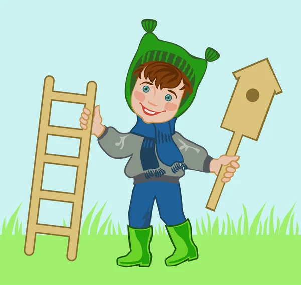 Boy with a ladder and starling house — Stock Vector
