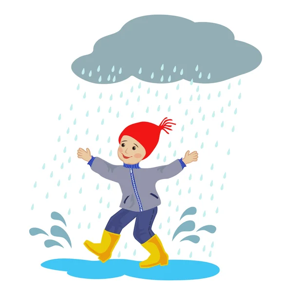 Boy running in the rain puddles — Stock Vector