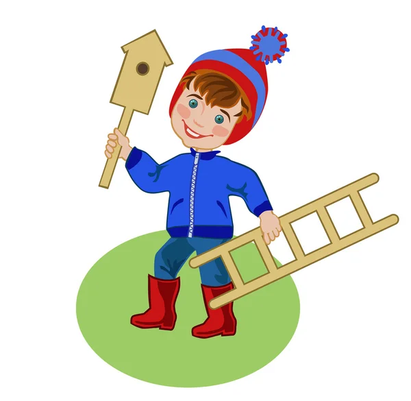 Boy with a ladder and starling house — Stock Vector