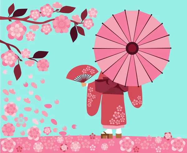 Menina de Kimono com sakura floresce —  Vetores de Stock