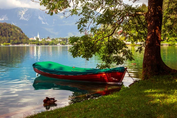 Łodzie na molo nad jeziorem Bled, Słowenia. — Zdjęcie stockowe