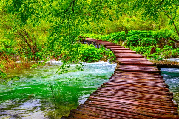 Sendero de madera en el Parque Nacional de Plitvice — Foto de Stock