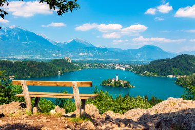 Yaz aylarında, Lake Bled görüntülemek yukarıdan, Slovenya.