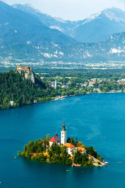 Panoramatický pohled Bledské jezero, Slovinsko — Stock fotografie