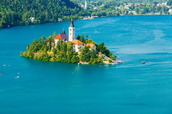 Panoramatický pohled Bledské jezero, Slovinsko — Stock fotografie