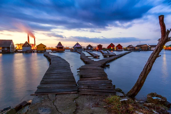 Sunset lake Bokod with pier — Stock Photo, Image