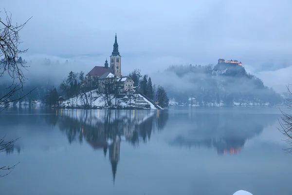 Ausbluten mit See im Winter, Slowenien, Europa — Stockfoto