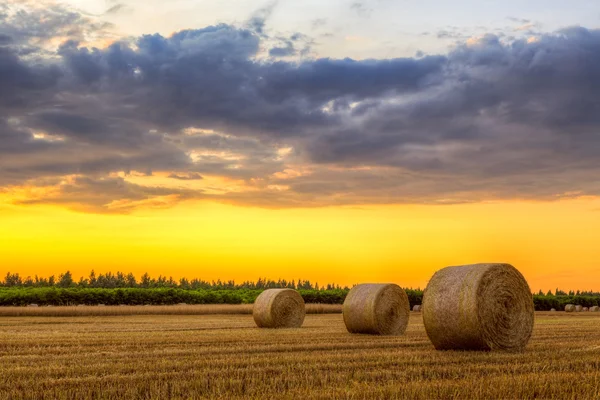 Pôr do sol sobre estrada rural e fardos de feno — Fotografia de Stock