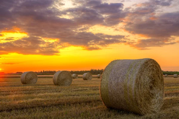 Sunset over rural road and hay bales — Stock Photo, Image