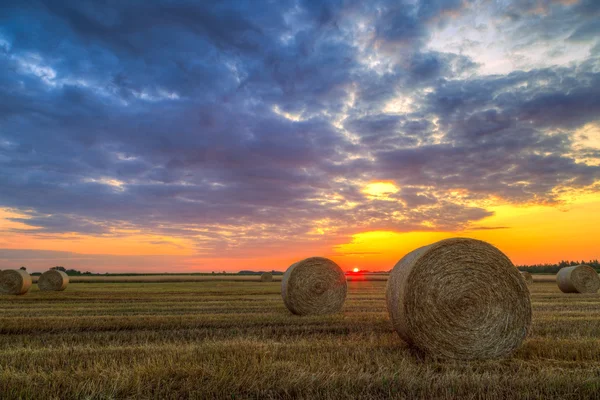 Pôr do sol sobre estrada rural e fardos de feno — Fotografia de Stock