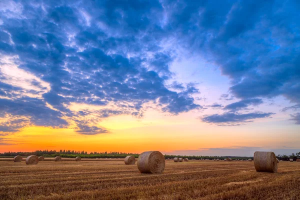 Pôr do sol sobre estrada rural e fardos de feno — Fotografia de Stock