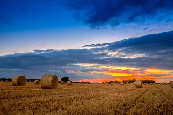 Fim do dia sobre o campo com fardos de feno — Fotografia de Stock