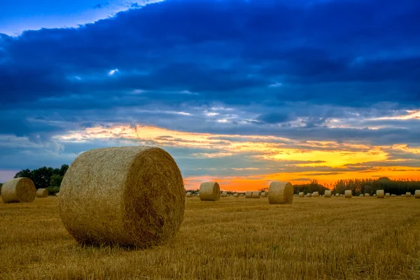 Einde van dag over veld met Baal hooi — Stockfoto