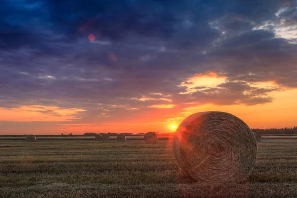 Sunset over farm field with hay bales — Stock Photo, Image