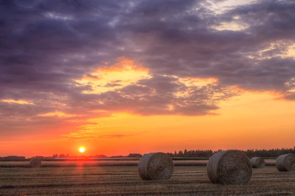 Zachód słońca nad polem uprawnym z belami siana — Zdjęcie stockowe