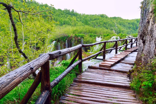 Ruta turística de madera en el parque nacional de los lagos de Plitvice — Foto de Stock