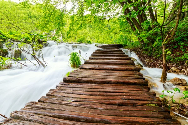 Sendero de madera en el Parque Nacional de Plitvice — Foto de Stock