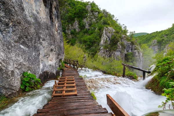 Houten toeristisch pad in nationaal park plitvice lakes — Stockfoto