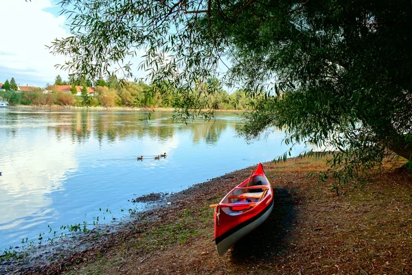 해변 강 다뉴브에 빨간 카누 — 스톡 사진