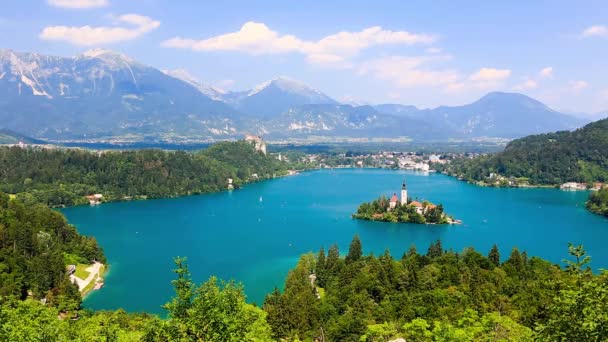 Panoramisch uitzicht van bled lake, Slovenië — Stockvideo