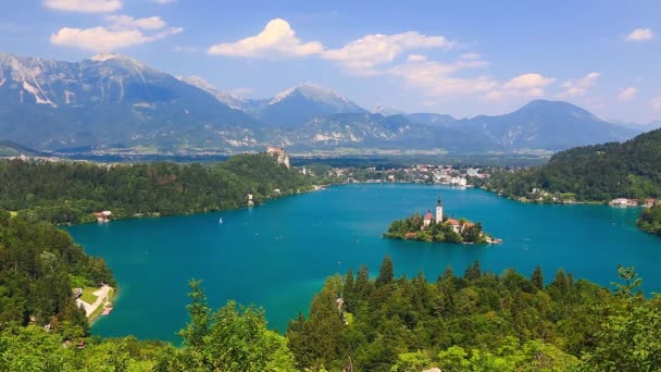 Panoramatický pohled Bledské jezero, Slovinsko — Stock video