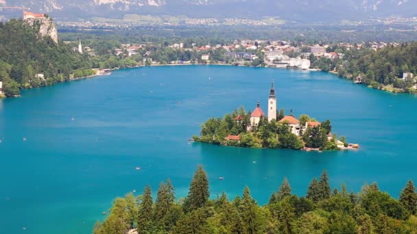 Panoramatický pohled Bledské jezero, Slovinsko — Stock video