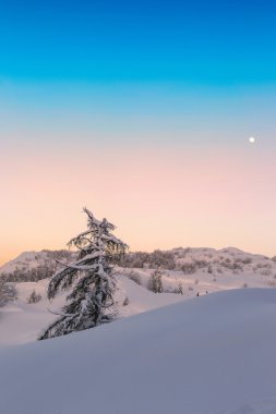 Julian Alps Dağları'nda büyülü günbatımı kış