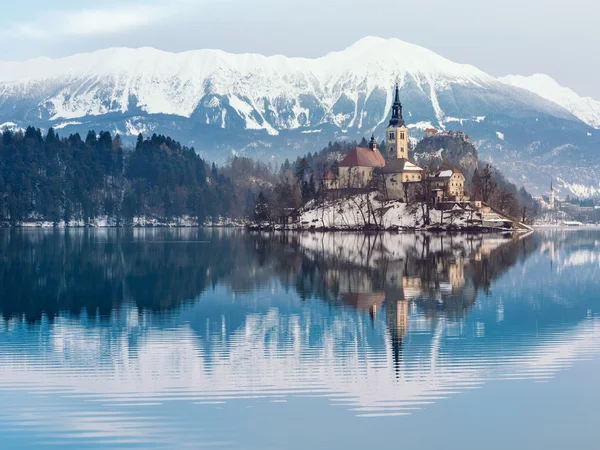 Kerk van de veronderstelling op het eiland in lake Bled — Stockfoto