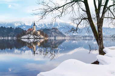 Lake Bled with St. Marys Church of the Assumption on the small i clipart