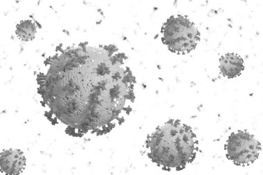 Coronavirus hücreleri veya bakteri molekülleri. Virüs Covid-19. Virüs beyazda izole edilmiş. Gribe yakın çekim, mikroskop altında virüse bakış, bulaşıcı hastalıklar. Bakteri, hücre enfeksiyonlu organizma. 3d Hazırlama.