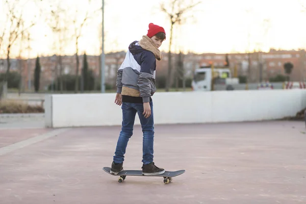 Teenager Skateboarder Boy Skateboard Asphalt Playground Doing Tricks Youth Generation — Stock Photo, Image