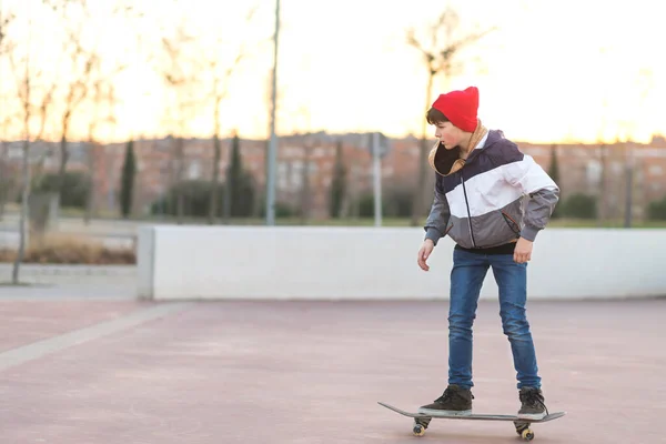 Teenager Skateboarder Boy Skateboard Asphalt Playground Doing Tricks Youth Generation — Stock Photo, Image