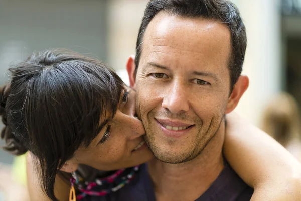 Portrait Beautiful Couple Man Woman Basic Clothing Smiling Hugging Together — Stock Photo, Image