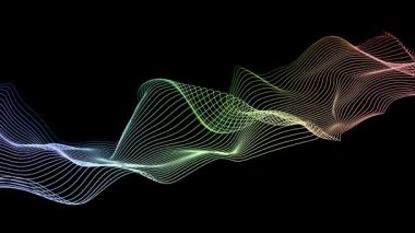 Siyah zemin üzerinde mavi, yeşil, sarı ve turuncu renkli akıcı çok renkli dalga çizgileri olan soyut animasyon. Yumuşak döngü hareketi enerji, ses ve dijital akışı önerir.