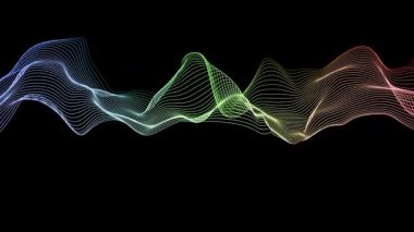 Siyah zemin üzerinde mavi, yeşil, sarı ve turuncu renkli akıcı çok renkli dalga çizgileri olan soyut animasyon. Yumuşak döngü hareketi enerji, ses ve dijital akışı önerir.